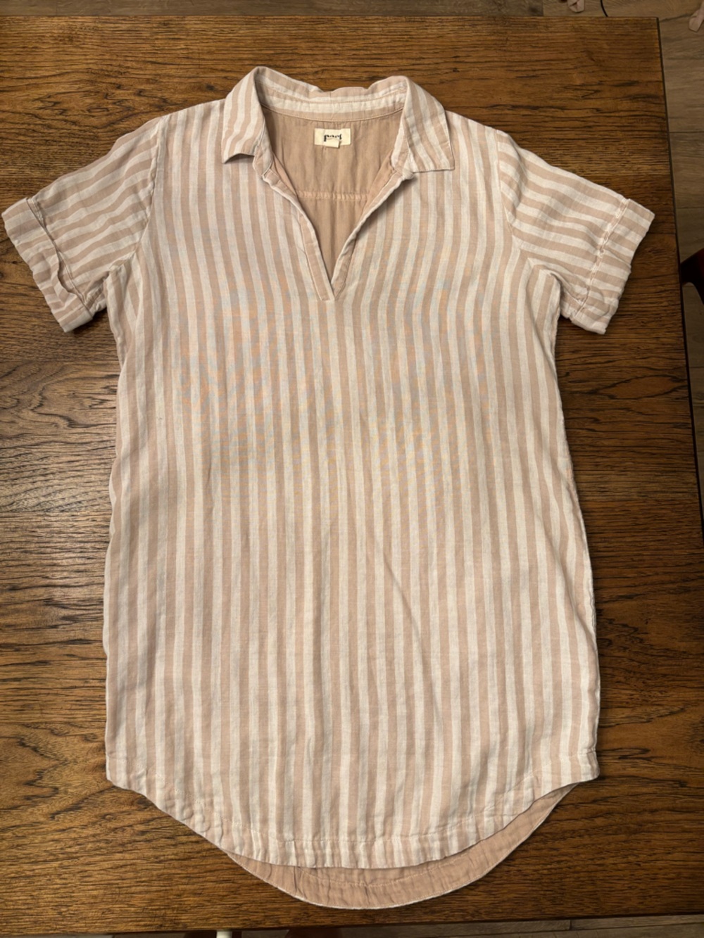 Pact Organic Cotton Shirt Dress Beige Pink Stripe Medium Relaxed Coastal Tunic - Picture 3 of 14